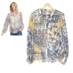 Chico’s Artisanal Georgette Blouson Sleeve Blouse Size 8 Lightweight Flowy